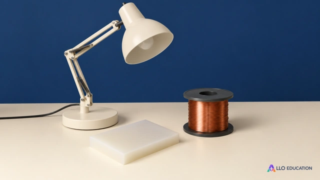 Une lampe éteinte, une bobine de cuivre et une plaque de matière plastique unie sans valeurs ni marque.