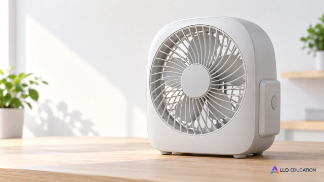 Un ventilateur blanc immobile, grille et pales visibles, sur un fond uni, sans valeur ni instruction.