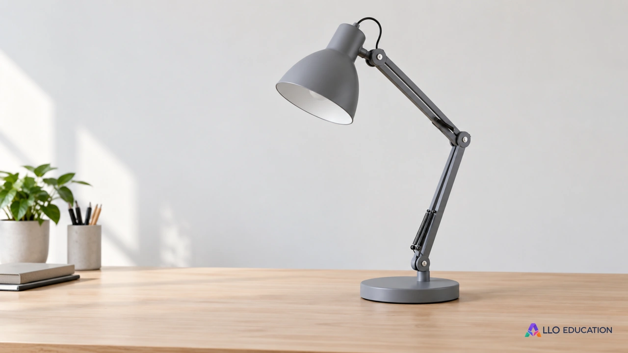 Une lampe de bureau grise entièrement visible représente le service d’éclairage à concevoir.