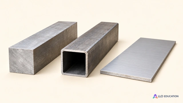 Trois éprouvettes de matériau unies, une barre rectangulaire pleine, une section creuse et une pièce plate, présentées sur fond ivoire.