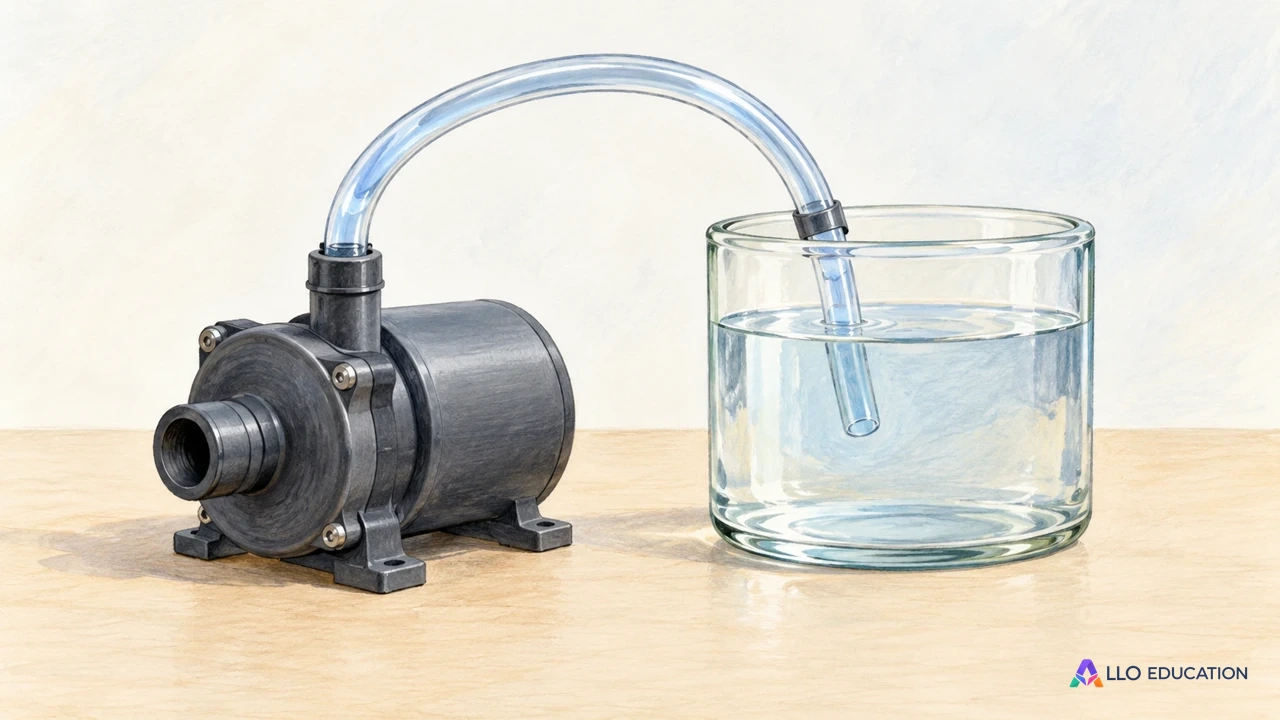 Une petite pompe, un tuyau et un réservoir vierges évoquent un système énergétique.