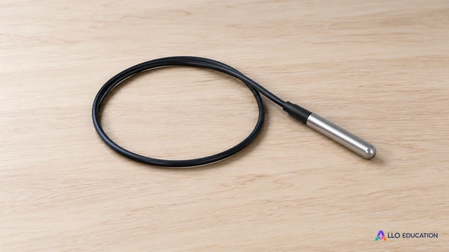 Une sonde métallique cylindrique à câble noir entièrement visible représente l’acquisition d’une grandeur.