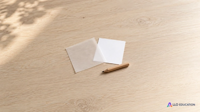 Deux petits feuillets vierges, l’un translucide et l’autre blanc, avec un crayon court au centre d’une table.