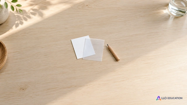 Deux petites feuilles blanche et translucide partiellement superposées et un crayon court sur une table claire.