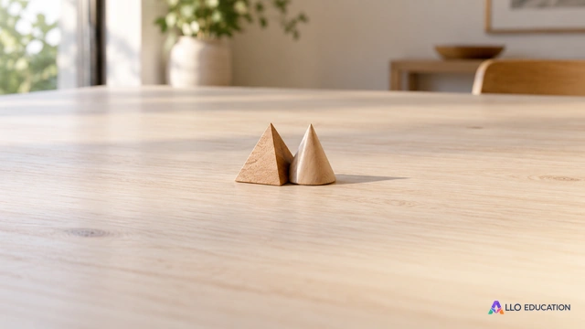 Une petite pyramide et un petit cône en bois uni reposent au centre d’une table claire.