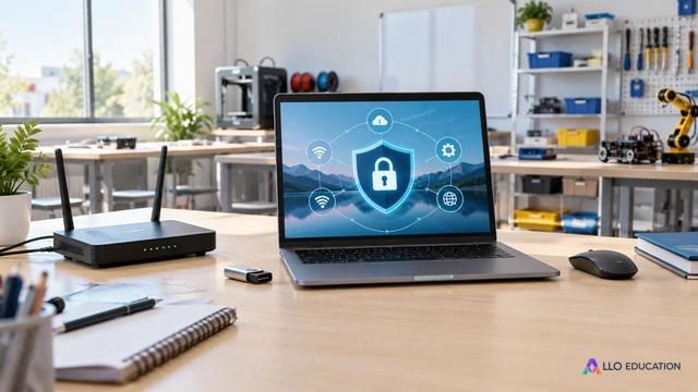 Routeur, ordinateur et clé physique dans une salle de technologie.
