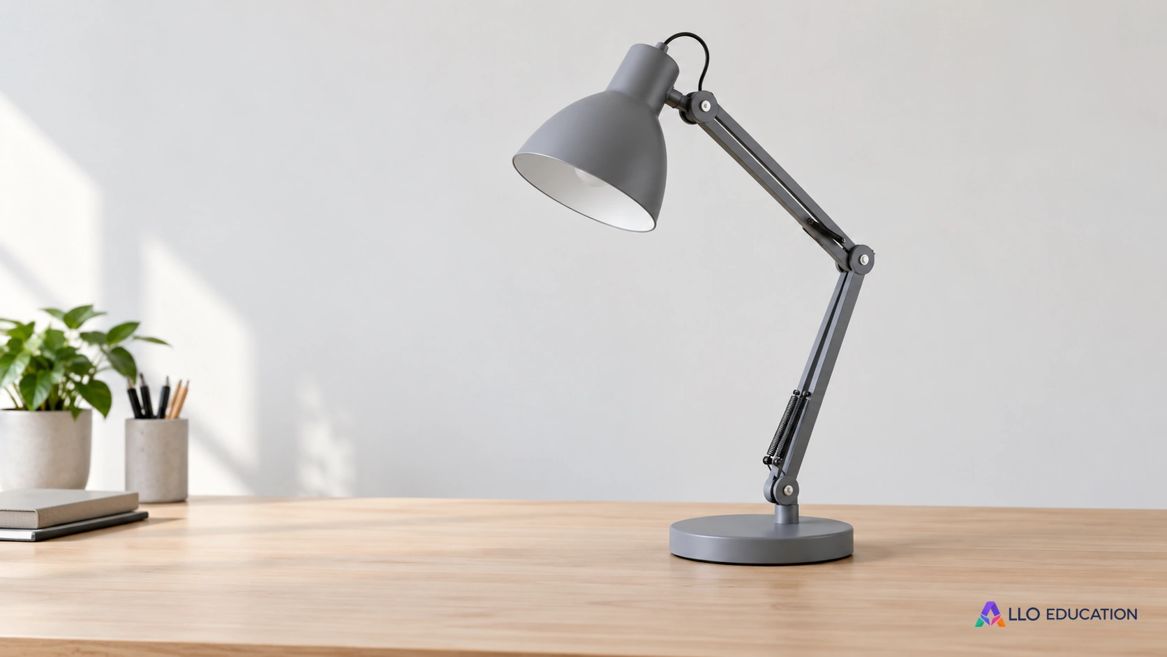 Une lampe de bureau grise entièrement visible représente le service d’éclairage à concevoir.