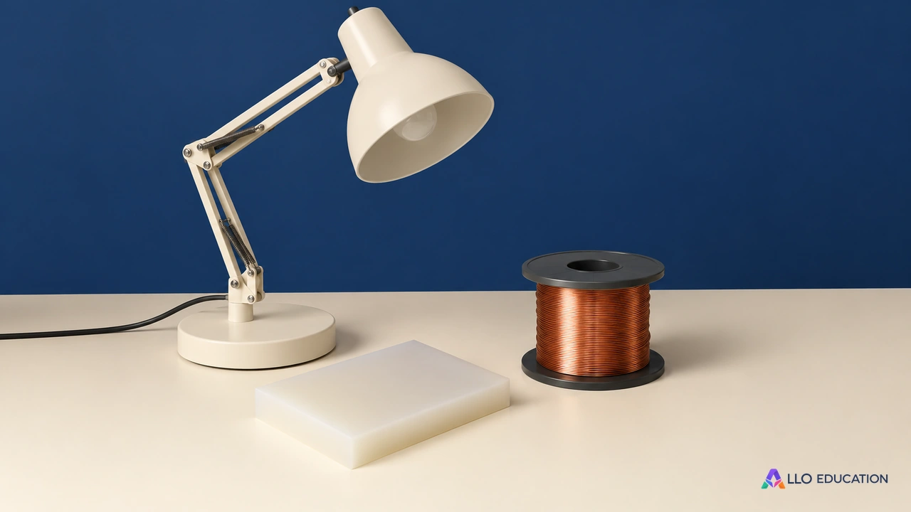 Une lampe éteinte auprès de cuivre et d’un morceau de matière plastique.