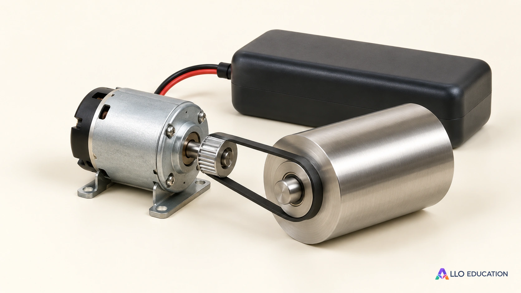 Un petit moteur fermé, un rouleau métallique et un accumulateur rechargeable uni sans marquage, disposés sur un fond ivoire.