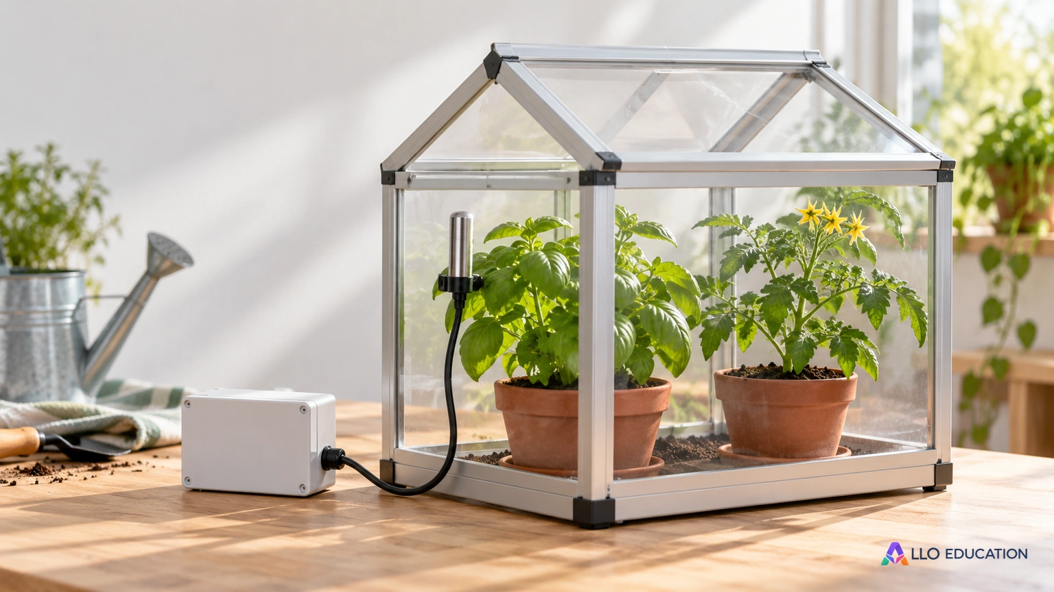 Une sonde lisse près de plants en pots est reliée à un boîtier vierge dans une serre fictive.