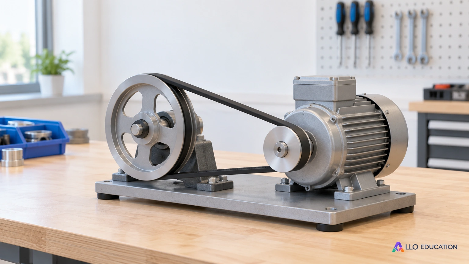 Une motorisation fictive montre un moteur fermé et une transmission par courroie sur un établi.