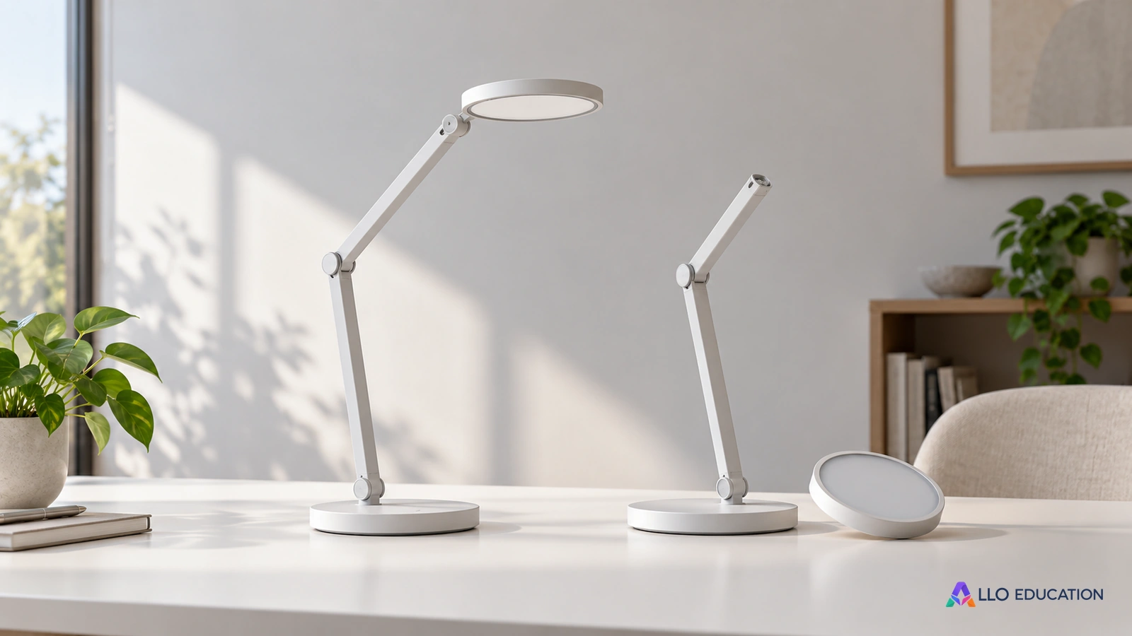 Une lampe assemblée et une autre avec sa tête lumineuse retirée évoquent des choix de conception et de maintenance.