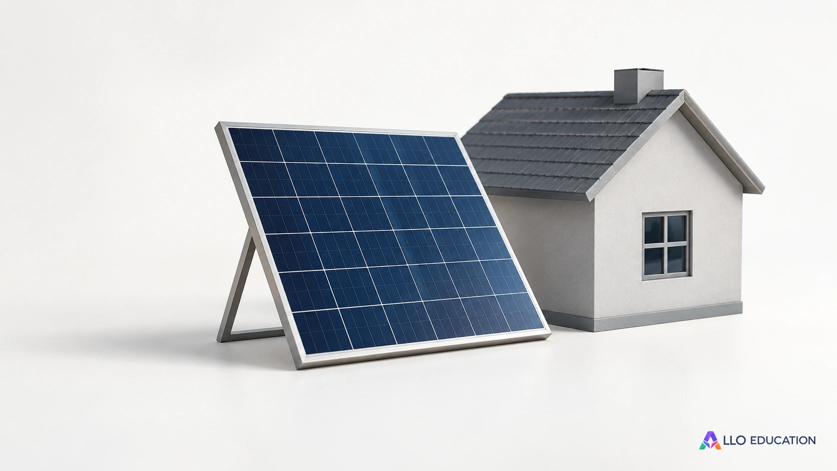 Un panneau miniature et une maison grise évoquent un bilan énergétique local.